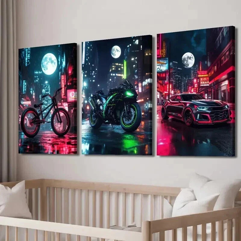 3pcs Black & Green Motorcycle and Sports Wall Art Set Canvas Framed 40x60cm - High Quality Print 100% Australian Made Wall Canvas Ready to Hang