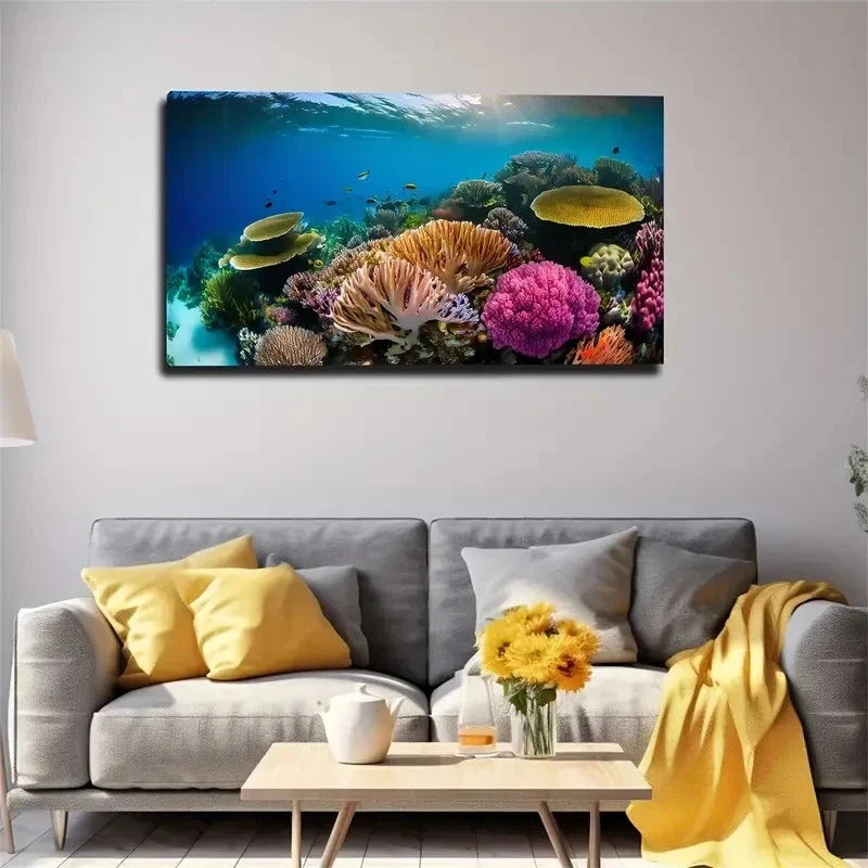 Vibrant Coral Reef Scene Wall Art Canvas Office Home Room Framed 80x45cm