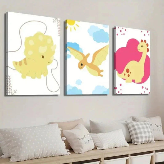 3pcs Cute Cartoon Dinosaur Art Flying Dinosaur Wall Art Set Canvas Framed 40x60cm - High Quality Print 100% Australian Made Wall Canvas Ready to Hang