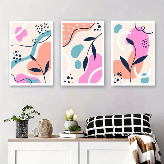3pcs Colorful Curves, Shapes and Leaves Metal Print Ready to Hang Art