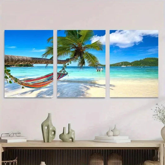 3pcs Vibrant Ocean View with Palm Tree & Hammock Metal Print Ready to Hang Art