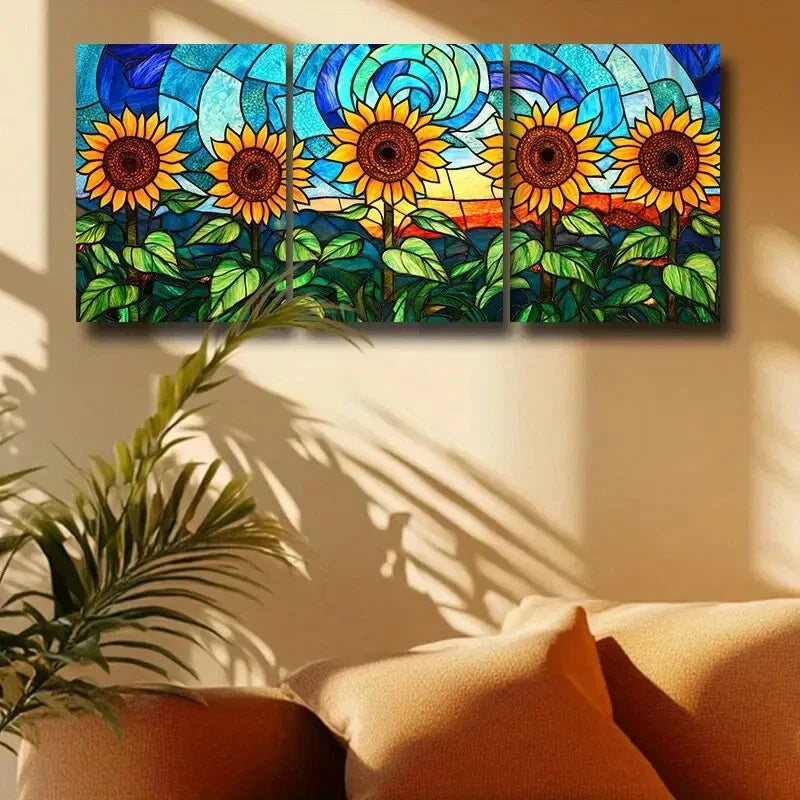 3pcs Sunflower with Blue Background Design Metal Print Ready to Hang Art
