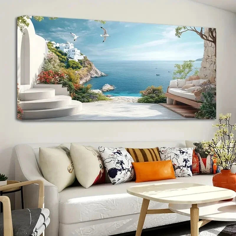 Vibrant Santorini Beach wall canvas office home room framed 120x60cm