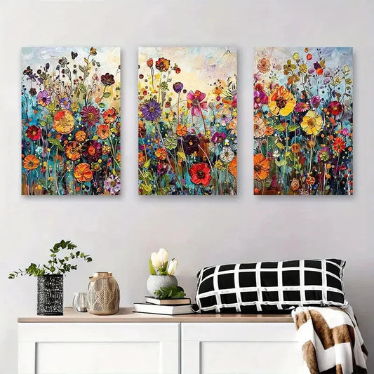 3pcs Vibrant Abstract Floral Bright Colorful Metal Print Ready to Hang Art