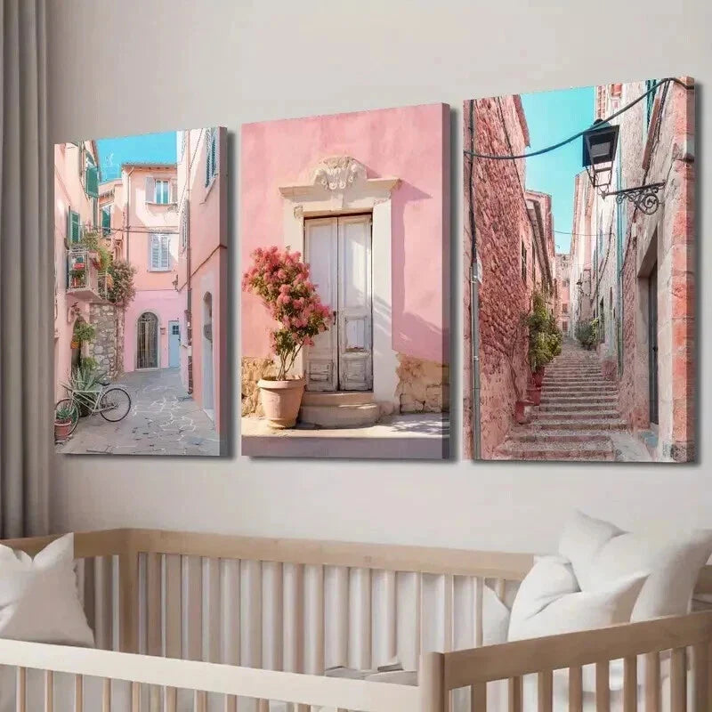 3pcs Italian Urban Pink House & Streets Wall Art Set Canvas Framed 40x60cm - High Quality Print 100% Australian Made Wall Canvas Ready to Hang