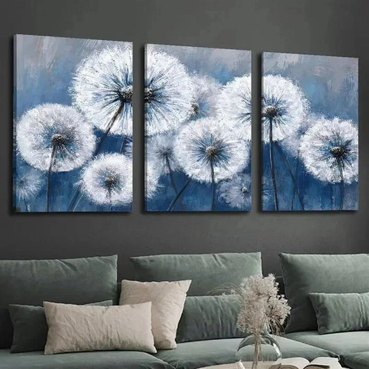 3pcs White Dandelion on Vintage Blue Background Wall Art Set Canvas Framed 40x60cm - High Quality Print 100% Australian Made Wall Canvas Ready to Hang
