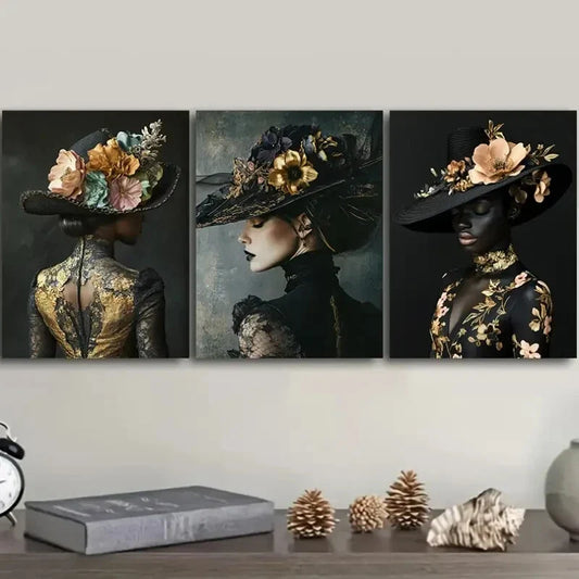 3pcs  Floral Hat Girl Painting, Metal Print Ready to Hang Art