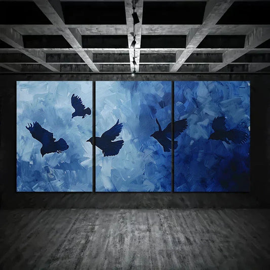 3pcs Abstract Blue Modern Black Bird Metal Print Ready to Hang Art