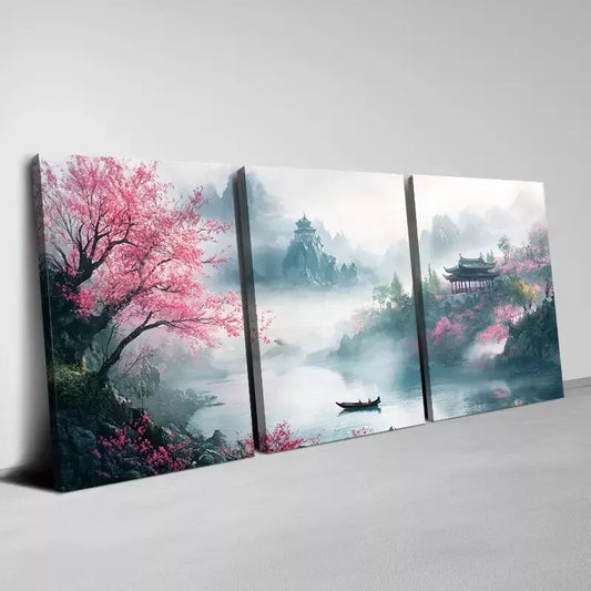 3pcs Modern Landscape Mountains and Pink Floral Wall Wall Art Set Canvas Framed 40x60cm - High Quality Print 100% Australian Made Wall Canvas Ready to Hang