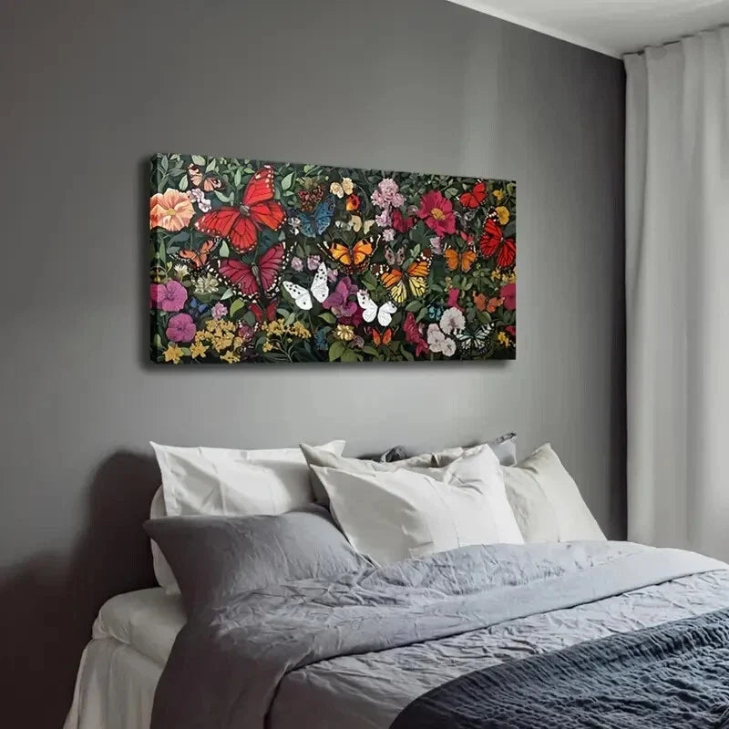 Butterfly Floral Garden Scene Wall Art Canvas Office Home Room Framed 120x60cm
