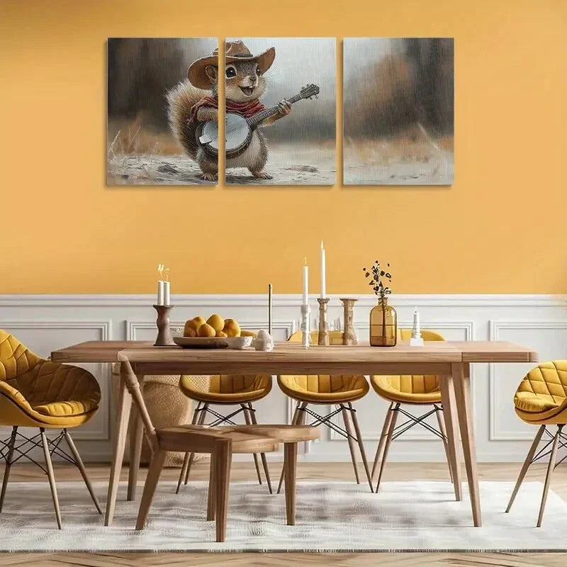 3pcs Playful Squirrel in Hat & Bandana Metal Print Ready to Hang Art