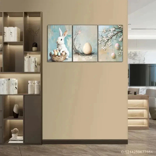 3pcs Bunny & Egg Prints, Oil Painting Metal Print Ready to Hang Art