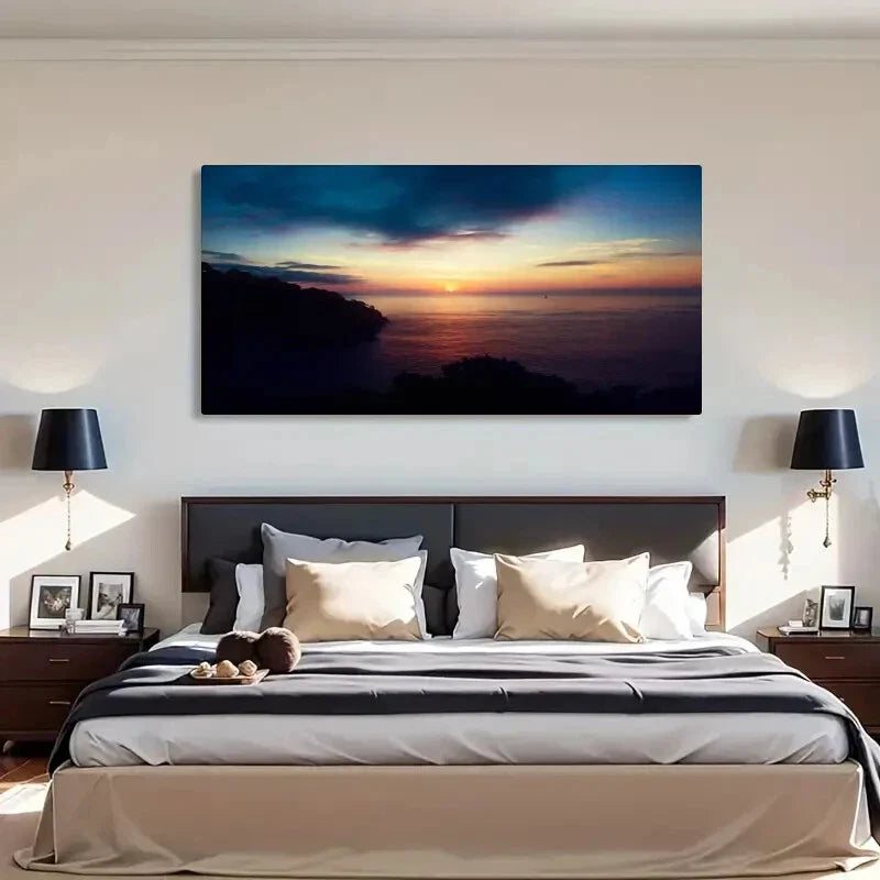 Serene Ocean Sunset Vintage Wall Art Canvas Office Home Room Framed 80x45cm