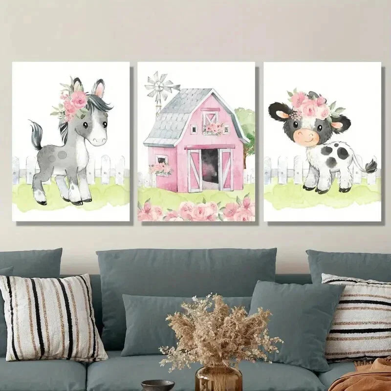 3pcs Cartoon Animals in Nature,, Metal Print Ready to Hang Art