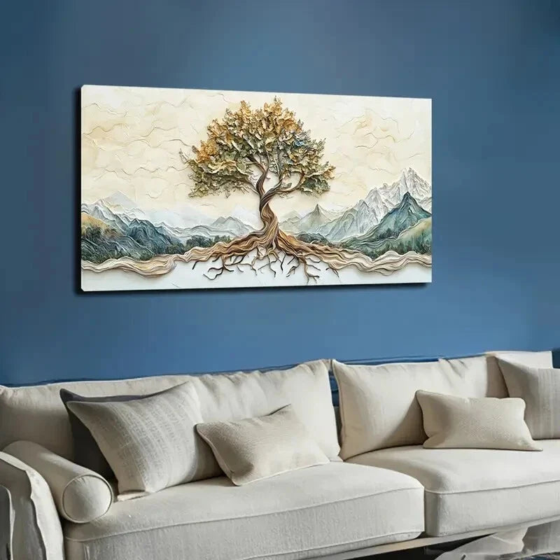 Serene Tree Landscape Yellow Wall Art Canvas Office Home Room Framed 120x60cm