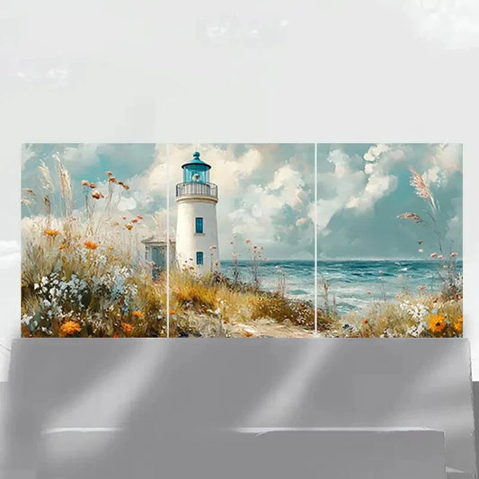 3pcs Coastal Lighthouse & Ocean Landscape Metal Print Ready to Hang Art