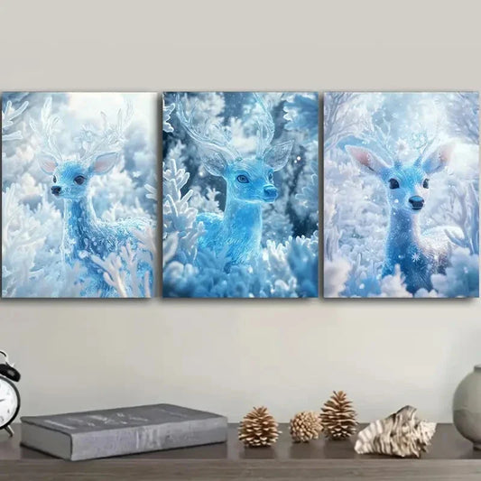 3pcs Deer with Ice-Blue Frost, Metal Print Ready to Hang Art