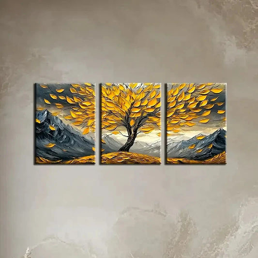 3pcs Vibrant Autumn Foliage, Golden Leaves Metal Print Ready to Hang Art