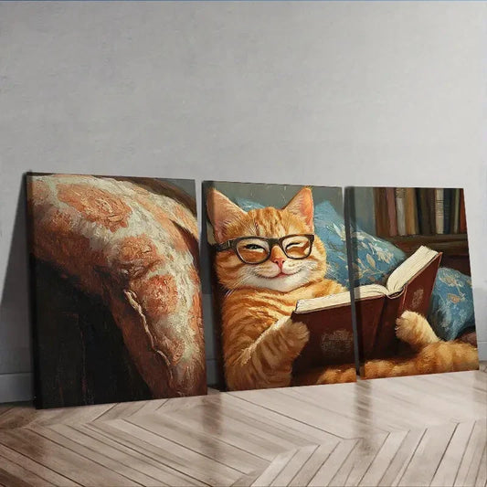 3pcs  A cat reading on the couch  Wall Art Set Canvas Framed 40x60cm - High Quality Print 100% Australian Made Wall Canvas Ready to Hang