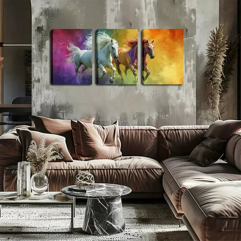 3pcs Dynamic Horse Designs in Purple, Blue Wall Art Set Canvas Framed 40x60cm - High Quality Print 100% Australian Made Wall Canvas Ready to Hang