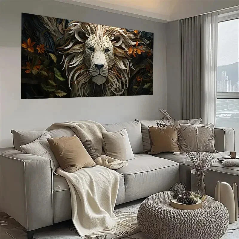 Majestic White Lion Leaves Wall Art wall canvas office home room framed 120x60cm