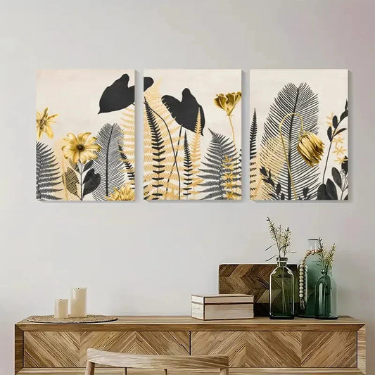 3pcs Golden & Black Foliage Design Metal Print Ready to Hang Art