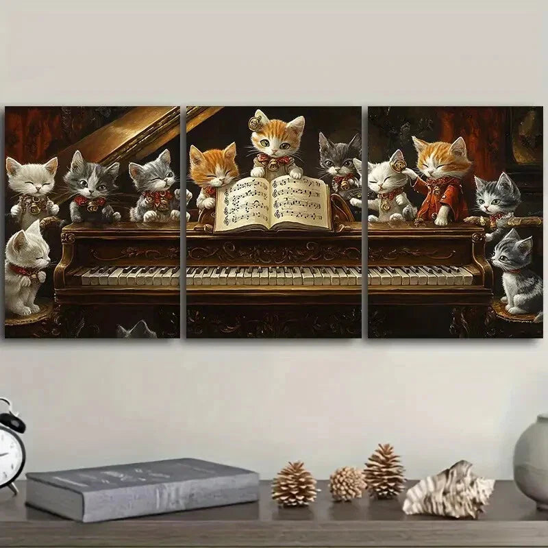 3pcs The cat on the piano  Wall Art Set Canvas Framed 40x60cm - High Quality Print 100% Australian Made Wall Canvas Ready to Hang
