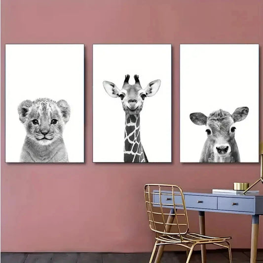 3pcs Modern Lion Cub Giraffe & Cow Prints Metal Print Ready to Hang Art