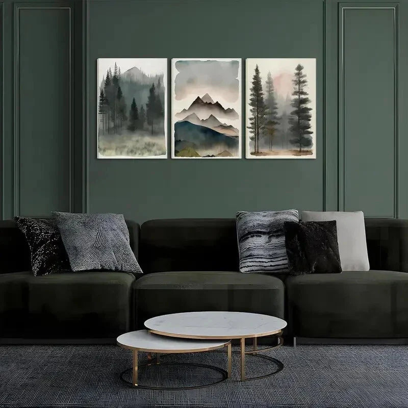 3pcs Pine Tree Mountain Range  Metal Print Ready to Hang Art