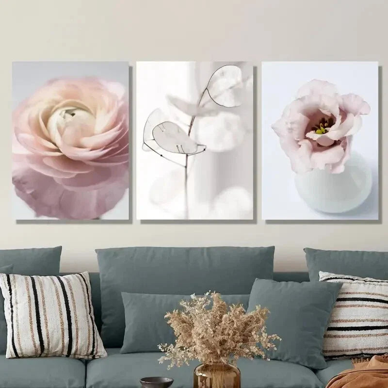 3pcs Pink Tudan Roses And White Silver Fan Leaf Metal Print Ready to Hang Art
