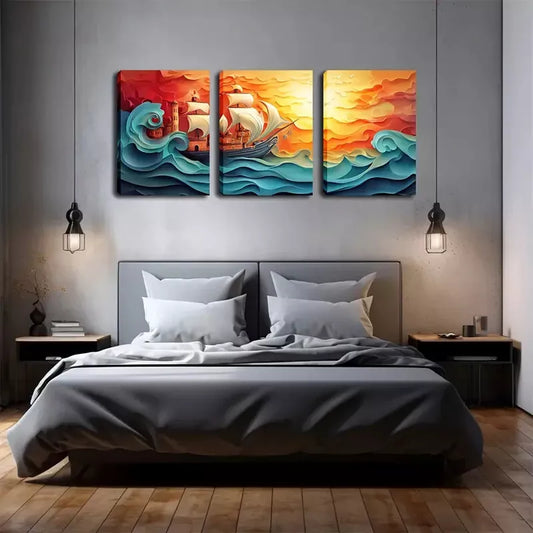 3pcs Decorations, Waves And Sailboats    Wall Art Set Canvas Framed 40x60cm - High Quality Print 100% Australian Made Wall Canvas Ready to Hang