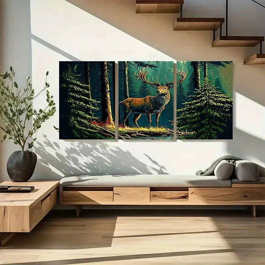 3pcs Red Deer Forest Canvas Wall Art Set Metal Print Ready to Hang Art