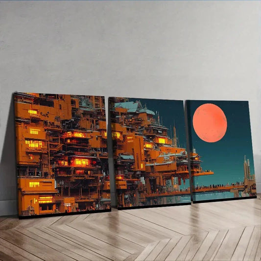 3pcs Depicting a Vibrant City Scene  Wall Art Set Canvas Framed 40x60cm - High Quality Print 100% Australian Made Wall Canvas Ready to Hang