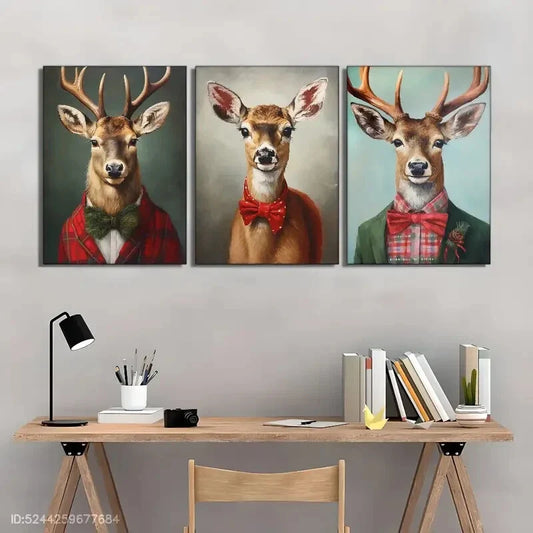 3pcs Reindeer Portrait in an Oil Painting Metal Print Ready to Hang Art
