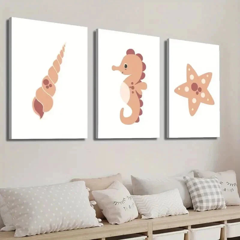 3pcs Cute Seahorse Spiral Shell Starfish Wall Art Set Canvas Framed 40x60cm - High Quality Print 100% Australian Made Wall Canvas Ready to Hang