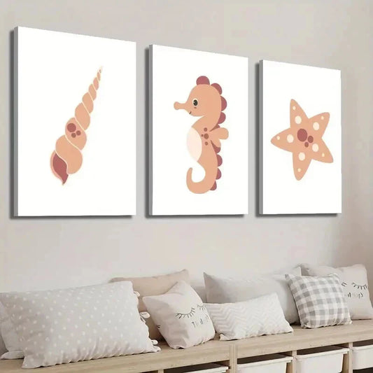3pcs Cute Seahorse Spiral Shell Starfish Wall Art Set Canvas Framed 40x60cm - High Quality Print 100% Australian Made Wall Canvas Ready to Hang