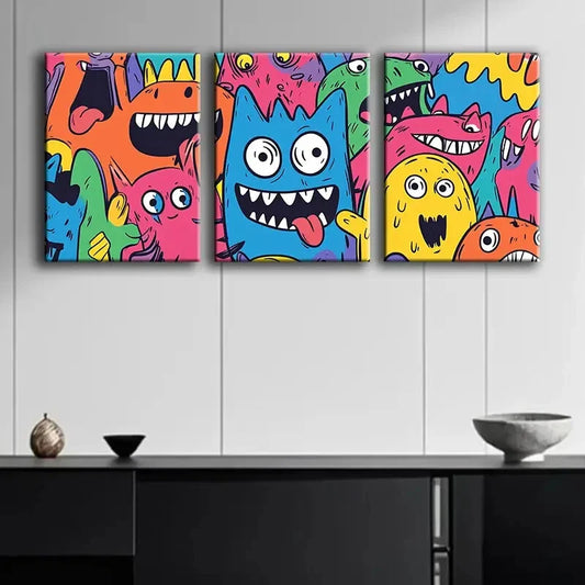 3pcs Monster Theme for Home Colorful Perfect Wall Art Set Canvas Framed 40x60cm - High Quality Print 100% Australian Made Wall Canvas Ready to Hang