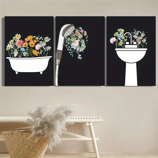 3pcs Bathtub Shower And Wash Basin Floral Metal Print Ready to Hang Art