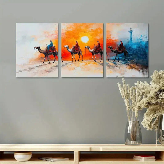 3pcs Vibrant Camel Sunset Silhouette & Cityscape Metal Print Ready to Hang Art
