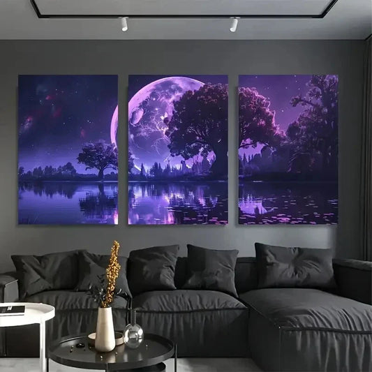 3pcs  large purple moon modern Metal Print Ready to Hang Art