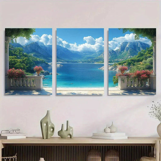 3pcs Serene Bay and Mountain Tranquility Balcony Metal Print Ready to Hang Art