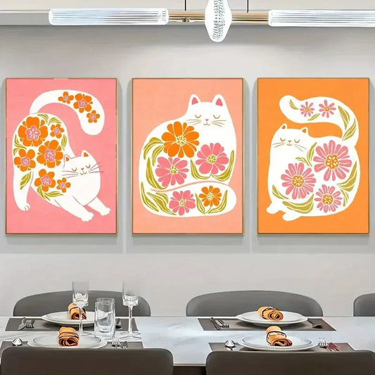3pcs Floral and Cute Cats Art Decorative Poster Metal Print Ready to Hang Art