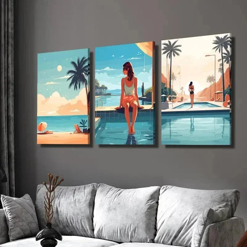 3pcs Summer Beach Background Illustration Wall Art Set Canvas Framed 40x60cm - High Quality Print 100% Australian Made Wall Canvas Ready to Hang