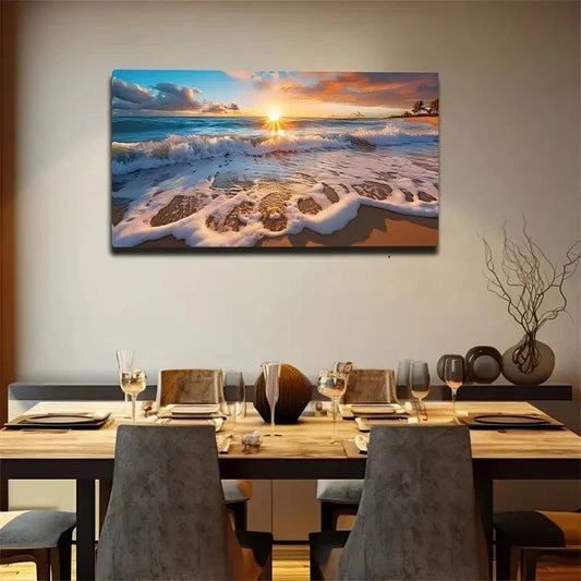 Ocean Wave Beach Scene Wall Art Canvas Office Home Room Framed 80x45cm
