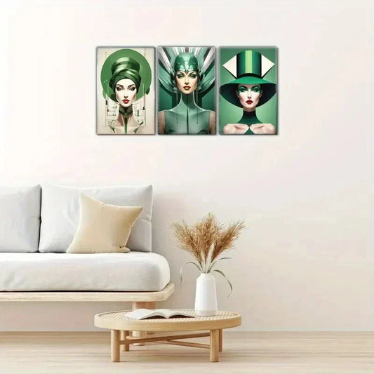 3pcs Goddess, Avantgarde Green Elegance Metal Print Ready to Hang Art