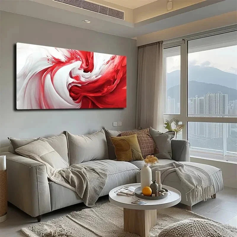 Vibrant Red White Swirl Design Wall Art Canvas Office Home Room Framed 120x60cm