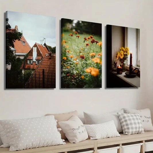 3pcs Autumn Rooftop Cottage Plant And Flower Wall Art Set Canvas Framed 40x60cm - High Quality Print 100% Australian Made Wall Canvas Ready to Hang