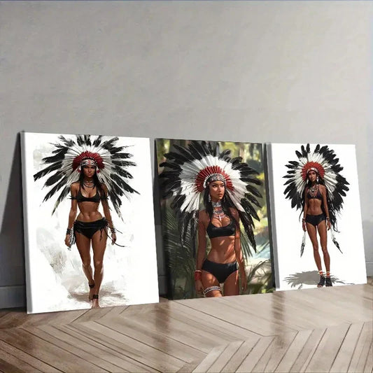 3pcs Indian Girls Wearing Feathered Headdresses Wall Art Set Canvas Framed 40x60cm - High Quality Print 100% Australian Made Wall Canvas Ready to Hang