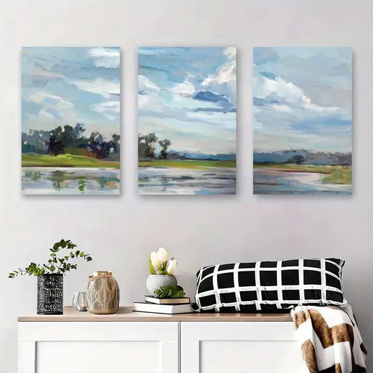 3pcs Sky and River with Trees Landscape Metal Print Ready to Hang Art