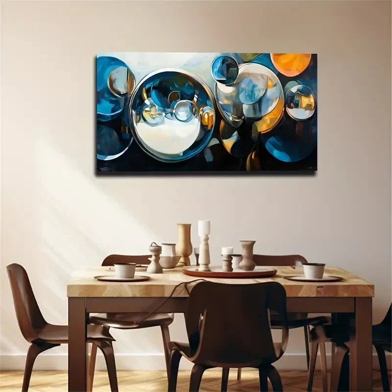 Abstract Bubbles Blue & Golden Wall Art Canvas Office Home Room Framed 120x60cm